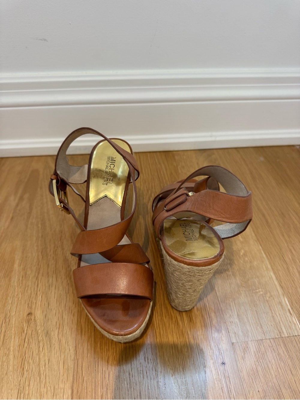 MICHAEL Michael Kors Brown Leather Espadrille Wedge Sandals Size 8.5